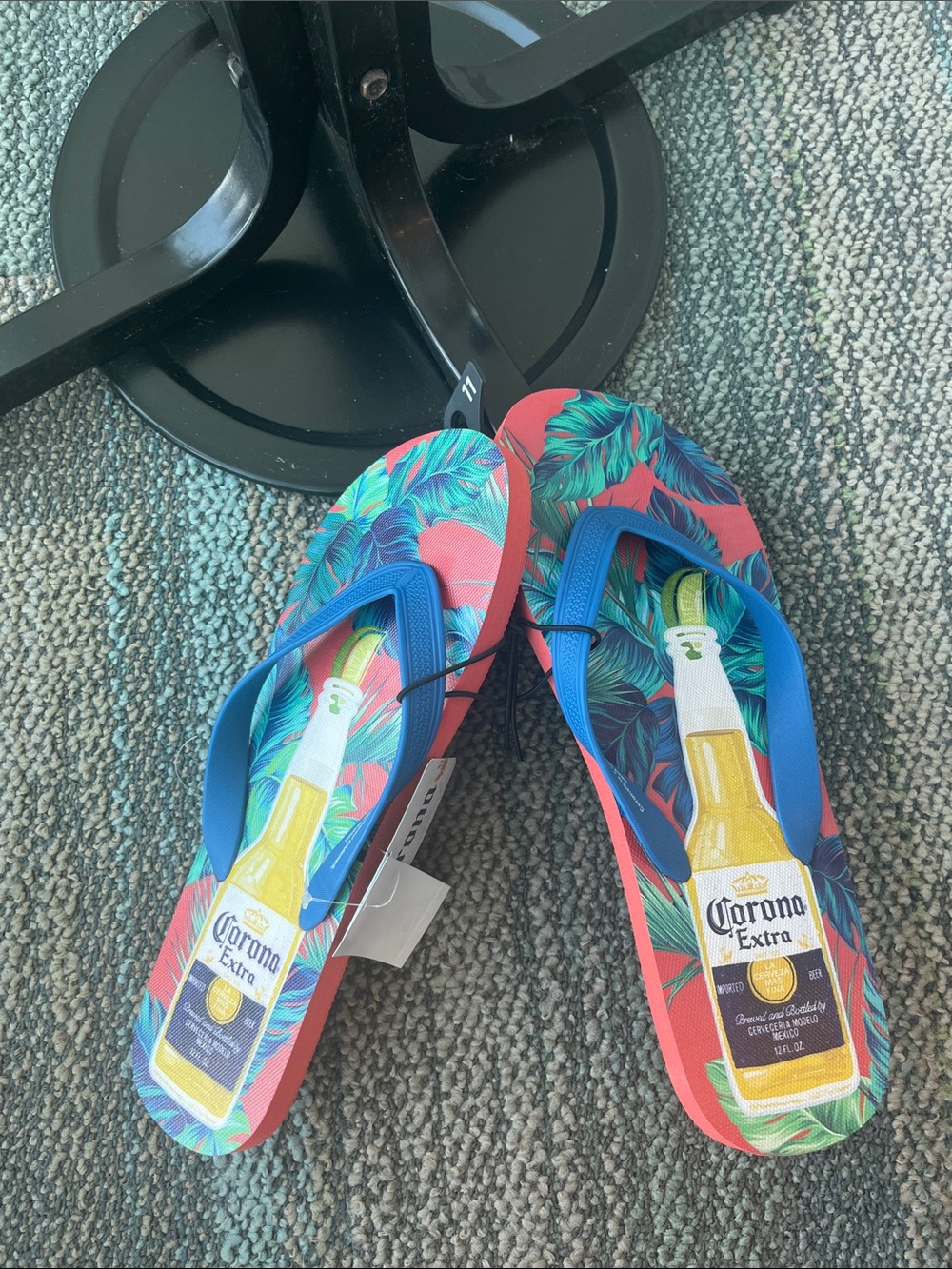 Corona Blue-Strap Flip Flops with Red & Teal Tropical Print